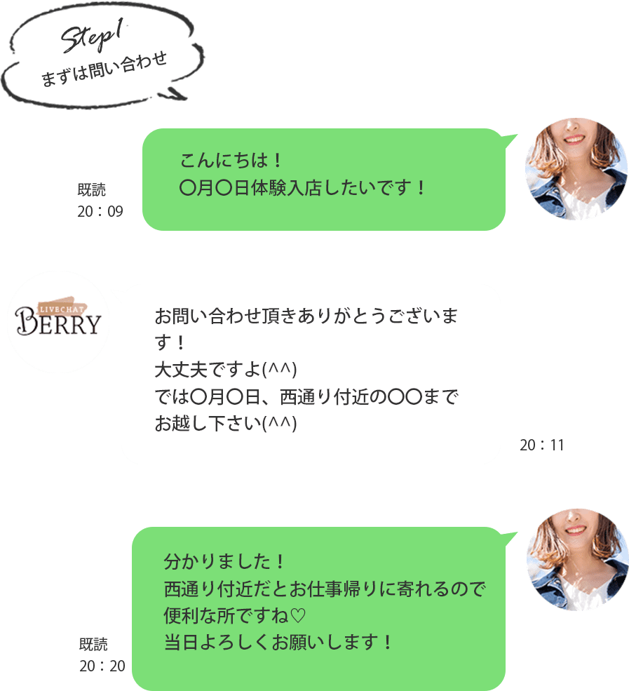 「こんにちは！〇月〇日体験入店したいです！」「お問い合わせ頂きありがとうございます！大丈夫ですよ(^^)」「では〇月〇日、西通り付近の〇〇までお越し下さい(^^)分かりました！西通り付近だとお仕事帰りに寄れるので便利な所ですね♡当日よろしくお願いします！」